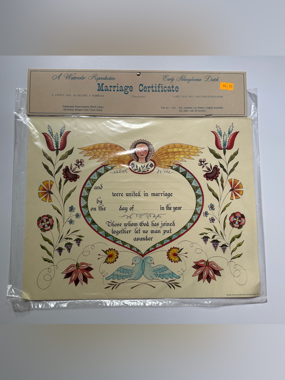 ✨5/$25 1968 Pennsylvania Dutch Marriage Certificate Folk Country